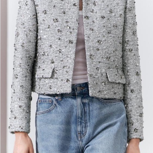 Zara Silver Sequin Cropped Blazer - Picture 3 of 7